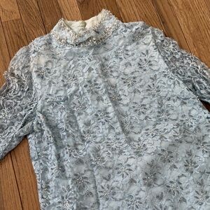1960s BABY BLUE LACE BEADED SEQUIN TOP PANT SET LARGE